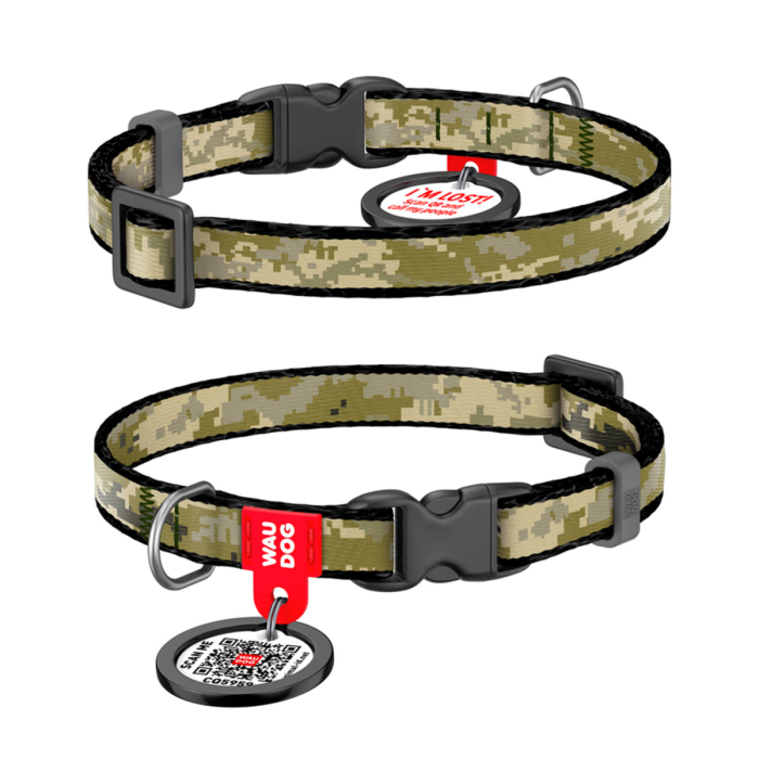 Collar WAUDOG Nylon «Мілітарі» Нашийник для котів та собак дрібних порід, нейлоновий з QR паспортом, пластиковий фастекс