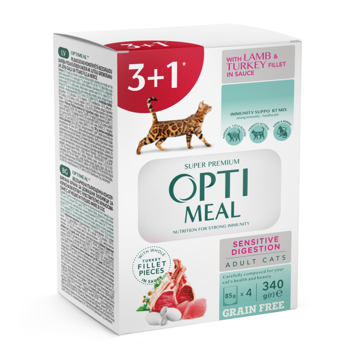 Optimeal Adult Cats Sensitive Digestion Lamb & Turkey Беззерновой влажный корм для кошек с чувствительным пищеварением с ягненком и индюшиным филе в соусе, (3+1)