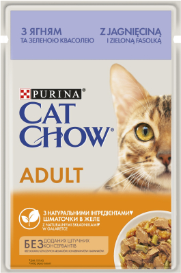 Cat Chow Adult - вологий корм для дорослих котів з ягням та зеленою квасолею (шматочки в желе)