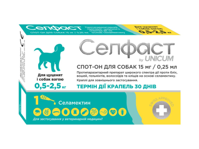 Unicum Селфаст - краплі на холку від бліх, кліщів та гельмінтів для собак (селамектин)