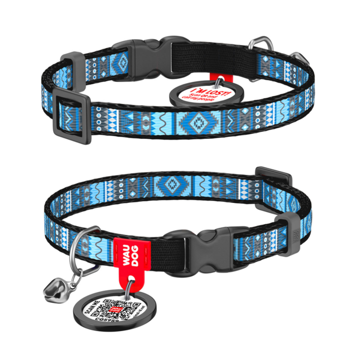 Collar WAUDOG Nylon «Етно синій» Нашийник для котів, нейлоновий з QR паспортом, пластиковий фастекс