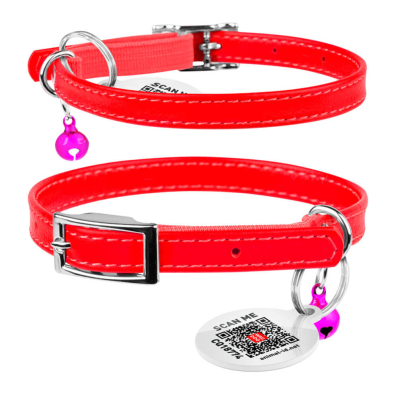 Collar WAUDOG Glamour Нашийник для котів шкіряний з QR паспортом, червоний