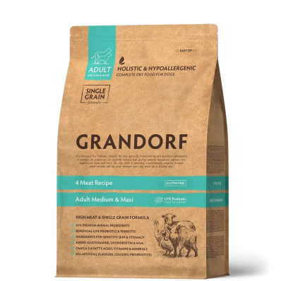 Grandorf DOG 4 Meat Medium & Maxi - сухий комплексний корм 4 види м'яса з пробіотиками для дорослих собак середніх та великих порід