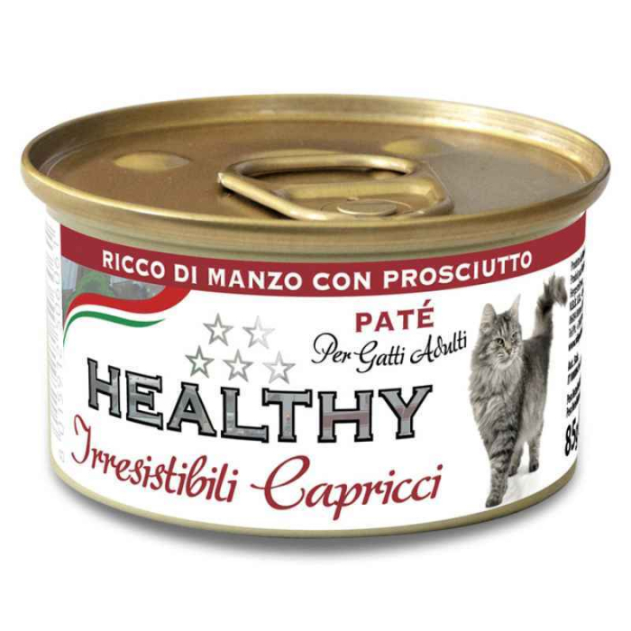 Healthy Irresistibili Capricci - консервований корм з яловичиною та шинкою для вибагливих котів (паштет)