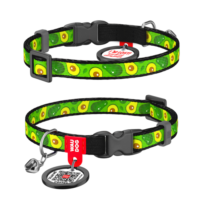 Collar WAUDOG Nylon «Авокадо» Нашийник для котів, нейлоновий з QR паспортом, пластиковий фастекс