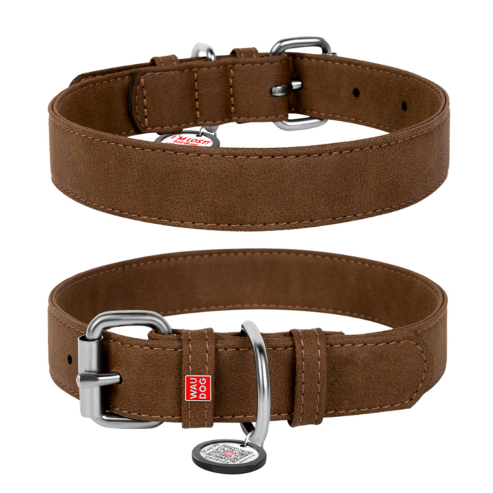 Collar WAUDOG Eco Нашийник для собак зі штучної шкіри з QR паспортом, коричневий