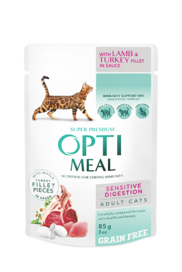 Optimeal Adult Cats Sensitive Digestion Lamb & Turkey Беззерновий влажный корм для кошек с чувствительным пищеварением с ягненком и филе индейки в соусе