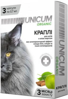 Unicum ORGANIC - Капли на натуральной основе для отпугивания блох и клещей для кошек (3 капсулы)