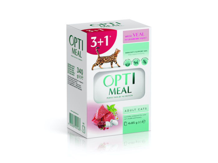Optimeal Adult Cats Veal in Cranberry sauce Влажный корм для взрослых кошек с телятиной в клюквенном соусе, (3+1)