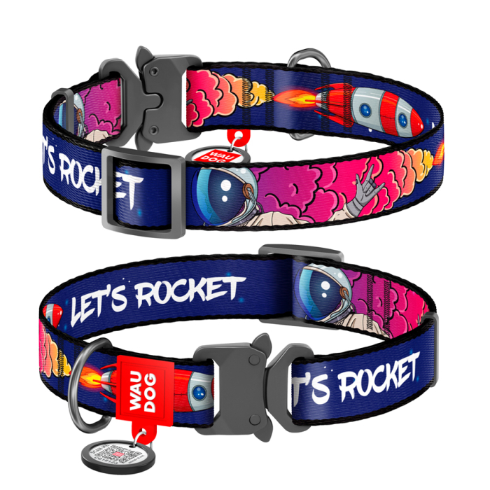 Collar WAUDOG Nylon «Космос. Ракета» Нашийник для собак нейлоновий  з QR-паспортом, металева пряжка-фастекс