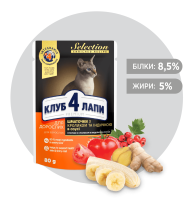 Club 4 Paws Premium Selection Rabbit and Turkey - влажный корм для взрослых кошек с кусочками кролика и индейки в ​​соусе (от 12 месяцев)