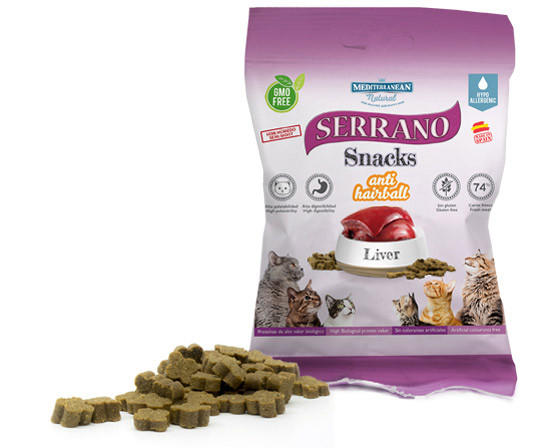 Mediterranean Natural Serrano Snacks Cat Anti Hairball Liver Ласощі з курячим м'ясом і свинячим лівером для виведення шерсті зі шлунка для дорослих котів