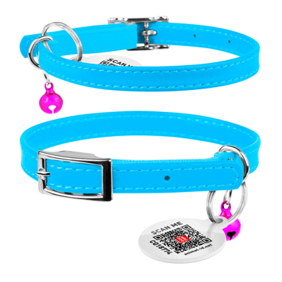 Collar WAUDOG Glamour Нашийник для котів шкіряний з QR паспортом, блакитний