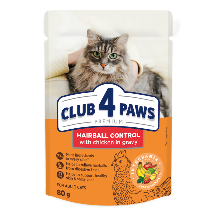 Club 4 Paws Premium Hairball Control – влажный корм с курицей в соусе для взрослых кошек с эффектом выведения шерсти