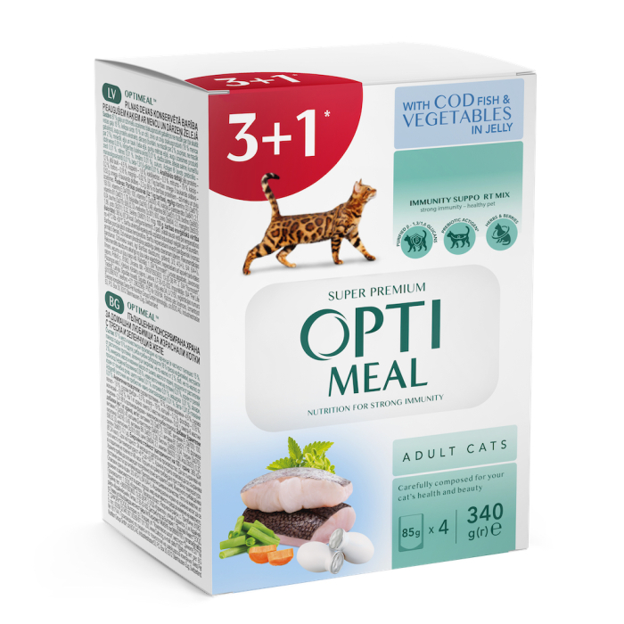 Optimeal Adult Cats Cod Fish & Vegetable Влажный корм для взрослых кошек с треской и овощами в желе, (3+1)