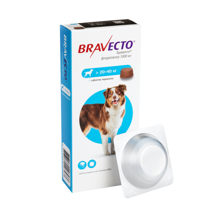 Bravecto 20-40 кг - жувальні таблетки (1000 мг) від бліх та кліщів для собак