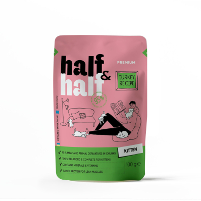 Half&Half Вологий корм для кошенят, шматочки з індичкою у желе, пауч