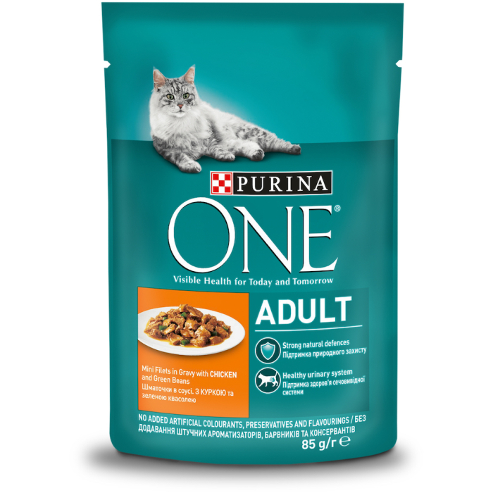 Purina ONE Adult - вологий корм для дорослих котів з куркою та зеленою квасолею (шматочки в соусі)