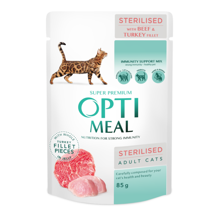 Optimeal Adult Cats Sterilised Beef & Turkey fillet Влажный корм для стерилизованных кошек и кастрированных кошек с говядиной и индюшиным филе в желе