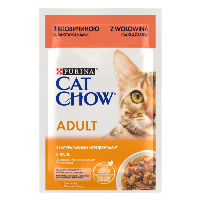 Cat Chow Adult - вологий корм для дорослих котів з яловичиною та баклажанами (шматочки в желе)