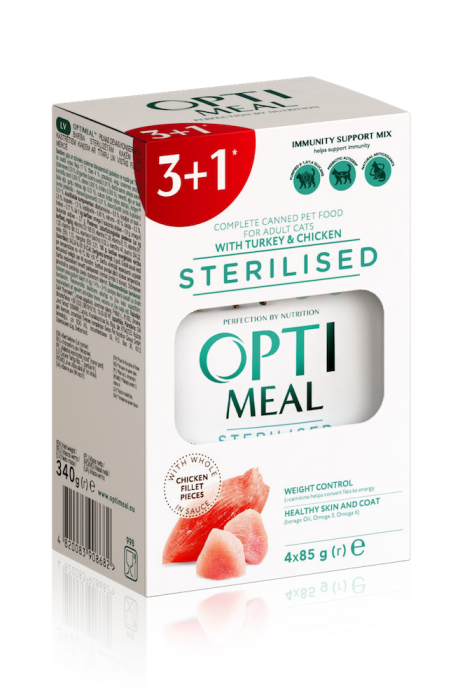 Optimeal Adult Cats Sterilised Turkey & Chicken Вологий корм для стерилізованих кішок та кастрованих котів з індичкою та курячим філе в соусі, (3+1)
