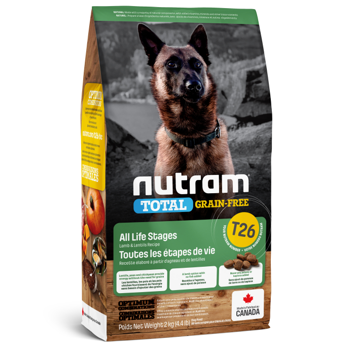 Nutram T26 Total Grain-Free Lamb & lentils Dog - сухий корм, що не містить зернових, з ягням і сочевицею для собак і цуценят.